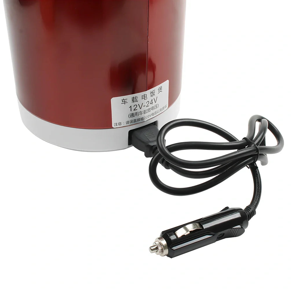 Blue cylindrical 1.6L vehicle rice cooker with cigarette lighter power cable and accessories