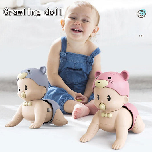 Electric crawler baby doll in blue and pink promoting early learning through music and movement
