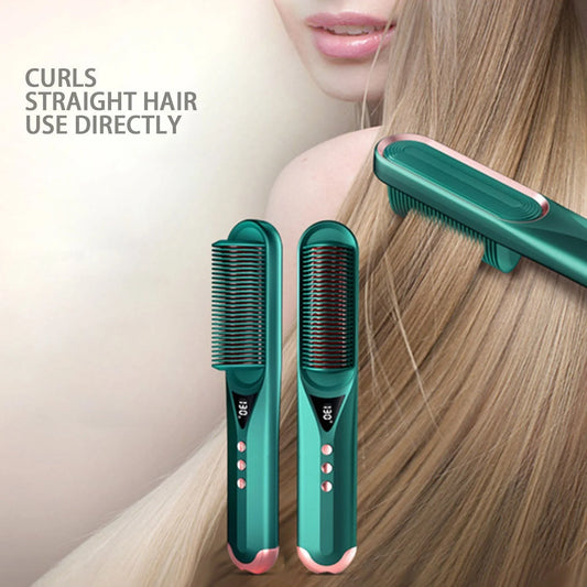 Dark green beard comb with PTC heating technology for straight and curly hair