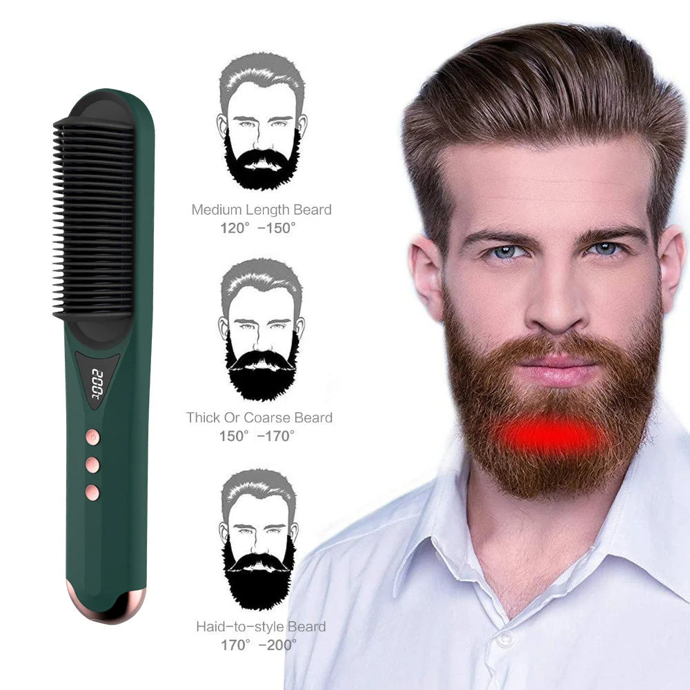 Dark green beard comb with PTC heating technology for straight and curly hair