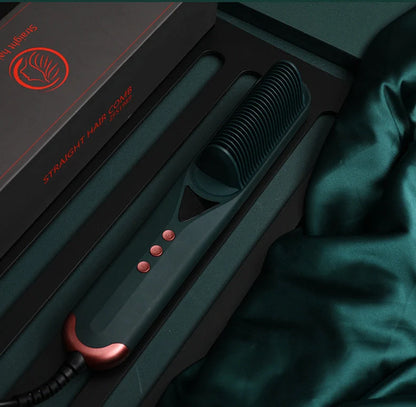 Dark green beard comb with PTC heating technology for straight and curly hair