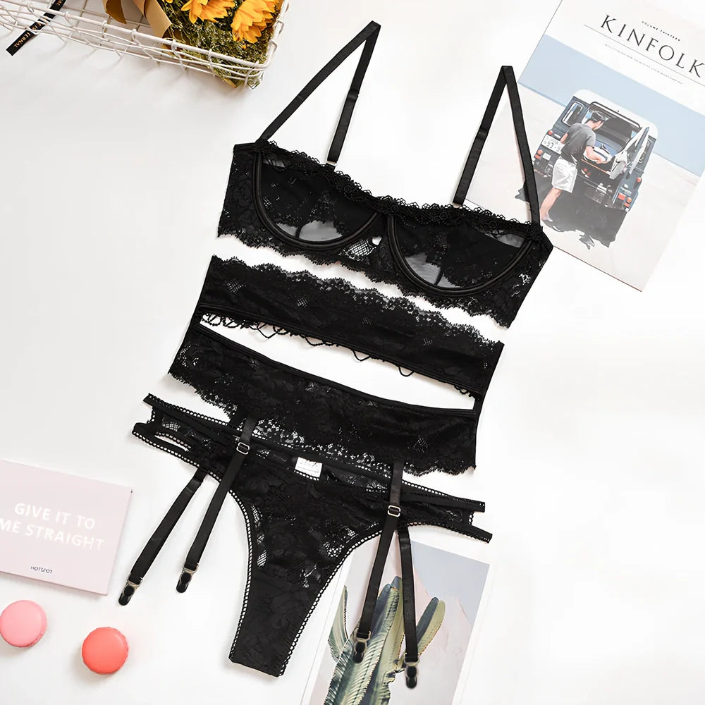 Yimunancy red 3-piece lace lingerie set with transparent hollow details, steel ring bra, sizes S-L for 69-94cm bust