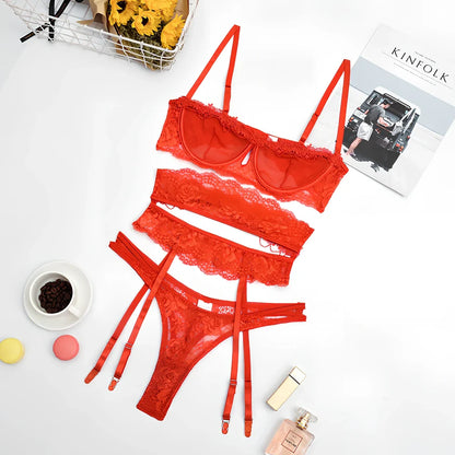 Yimunancy red 3-piece lace lingerie set with transparent hollow details, steel ring bra, sizes S-L for 69-94cm bust