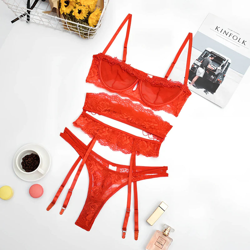 Yimunancy 3-Piece Lace Lingerie Set with Transparent Details