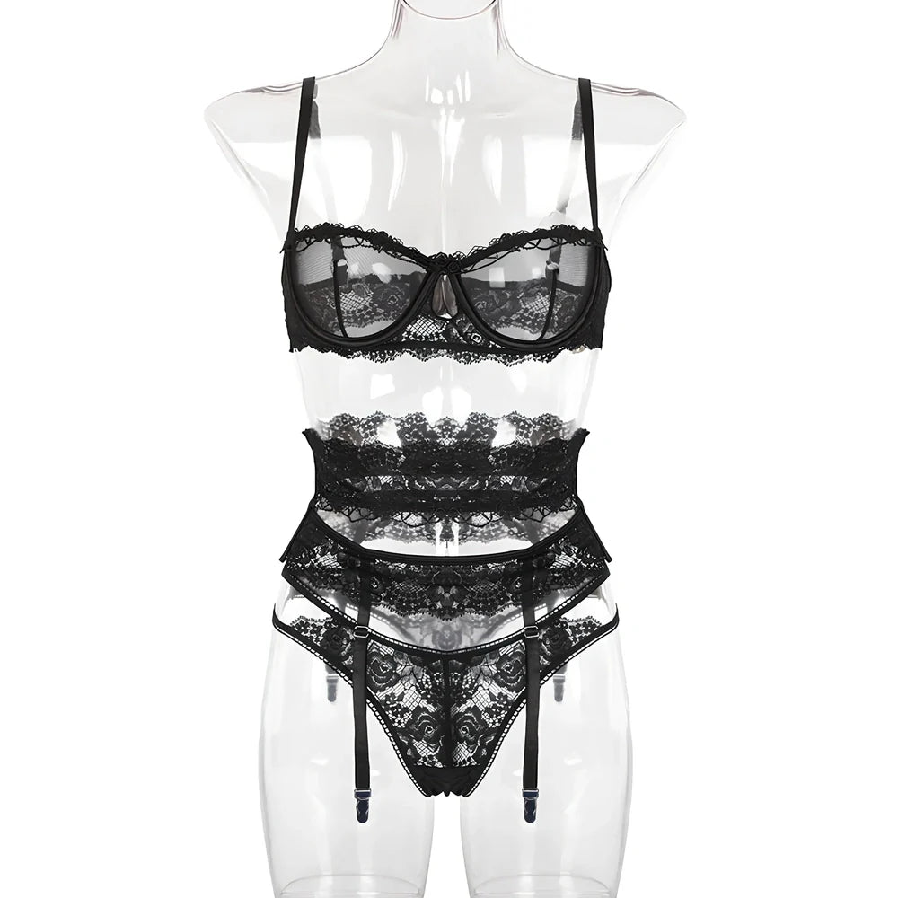 Yimunancy red 3-piece lace lingerie set with transparent hollow details, steel ring bra, sizes S-L for 69-94cm bust
