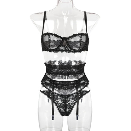 Yimunancy red 3-piece lace lingerie set with transparent hollow details, steel ring bra, sizes S-L for 69-94cm bust
