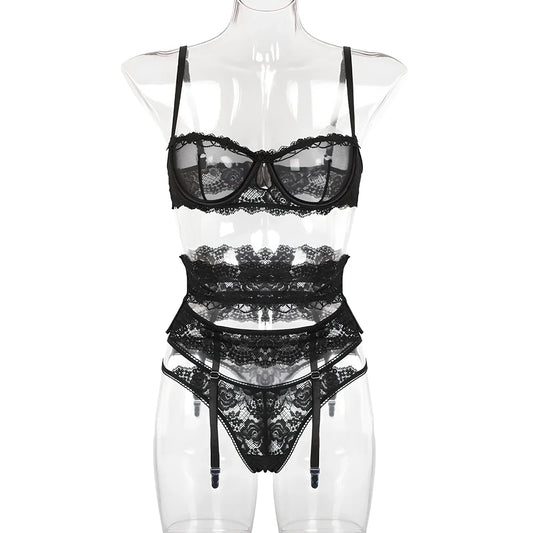 Yimunancy red 3-piece lace lingerie set with transparent hollow details, steel ring bra, sizes S-L for 69-94cm bust