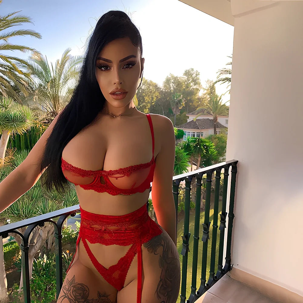 Yimunancy red 3-piece lace lingerie set with transparent hollow details, steel ring bra, sizes S-L for 69-94cm bust