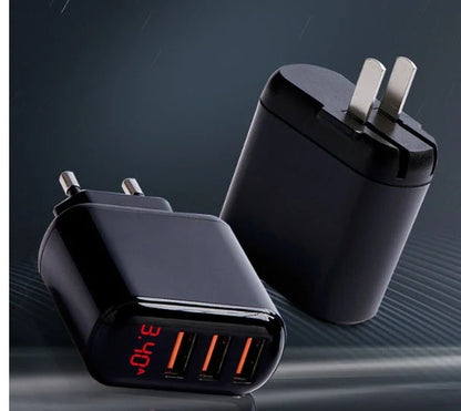 3-port USB charger with LED display for fast charging at 3.4A