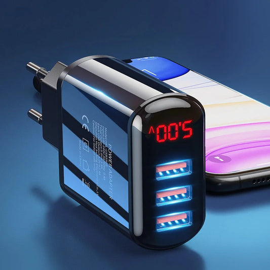 3-port USB charger with LED display for fast charging at 3.4A