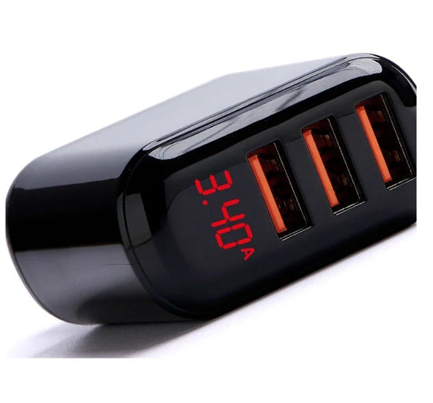 3-port USB charger with LED display for fast charging at 3.4A