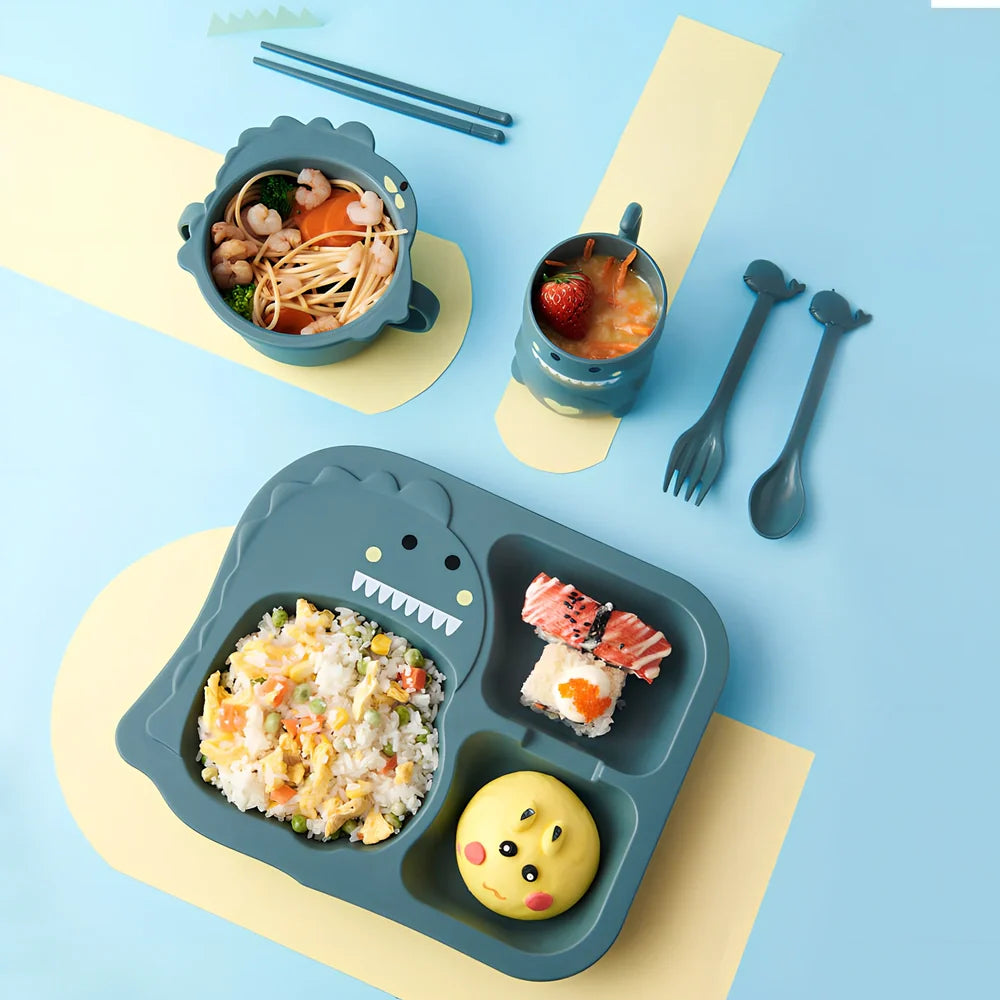Blue cartoon dinosaur baby tableware set, 8-inch wheat fibre plates 10-10.9cm diameter for safe toddler meals