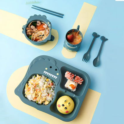 Blue cartoon dinosaur baby tableware set, 8-inch wheat fibre plates 10-10.9cm diameter for safe toddler meals