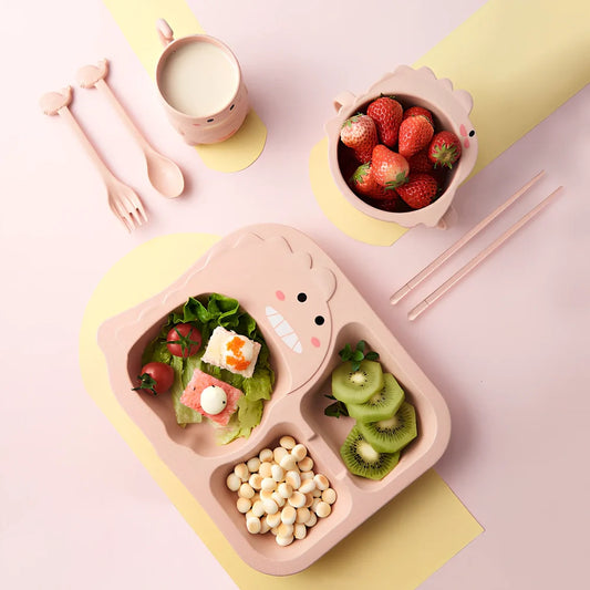 Blue cartoon dinosaur baby tableware set, 8-inch wheat fibre plates 10-10.9cm diameter for safe toddler meals