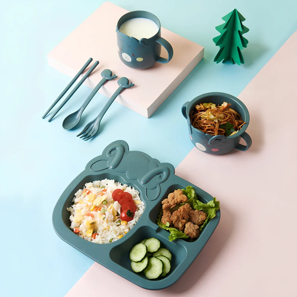 Blue cartoon dinosaur baby tableware set, 8-inch wheat fibre plates 10-10.9cm diameter for safe toddler meals