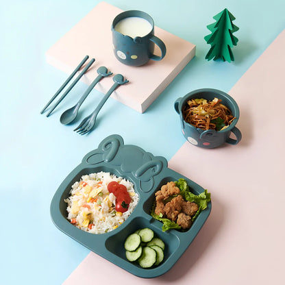 Blue cartoon dinosaur baby tableware set, 8-inch wheat fibre plates 10-10.9cm diameter for safe toddler meals