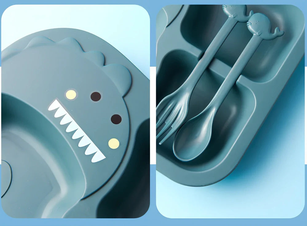 Blue cartoon dinosaur baby tableware set, 8-inch wheat fibre plates 10-10.9cm diameter for safe toddler meals