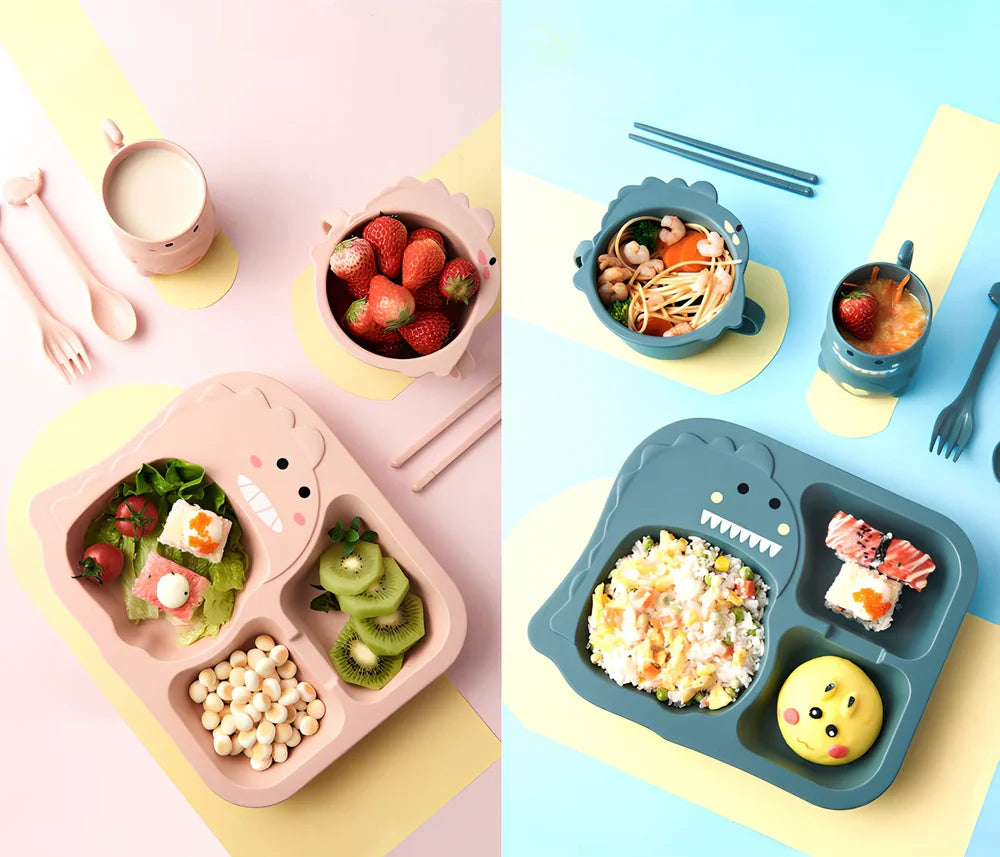 Blue cartoon dinosaur baby tableware set, 8-inch wheat fibre plates 10-10.9cm diameter for safe toddler meals