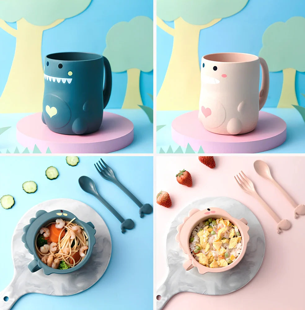 Blue cartoon dinosaur baby tableware set, 8-inch wheat fibre plates 10-10.9cm diameter for safe toddler meals