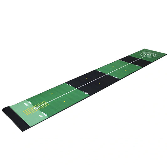 Green golf putting practice blanket with four training styles measuring 3 metres long