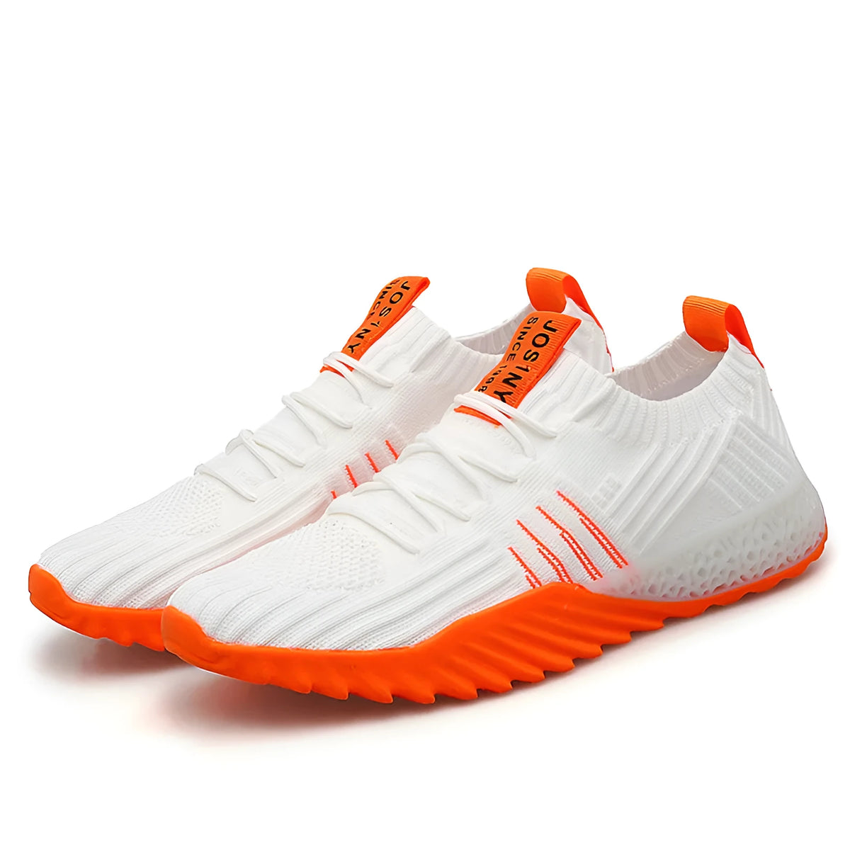 Flying woven mesh breathable sneakers in white orange, white green or black orange with rubber sole and flat heel