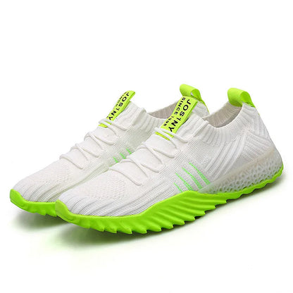 Flying woven mesh breathable sneakers in white orange, white green or black orange with rubber sole and flat heel