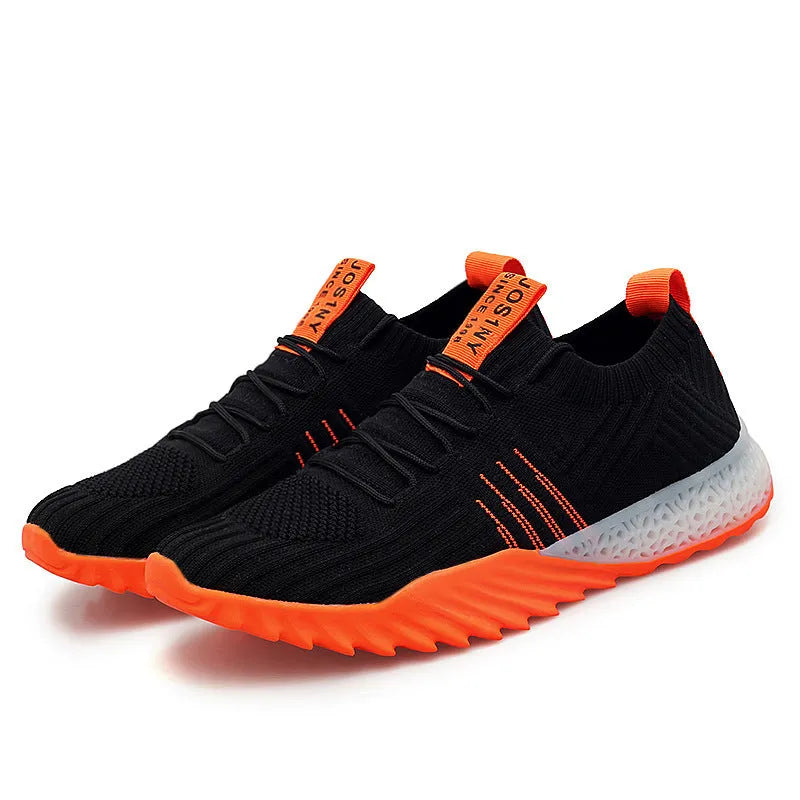 Flying woven mesh breathable sneakers in white orange, white green or black orange with rubber sole and flat heel