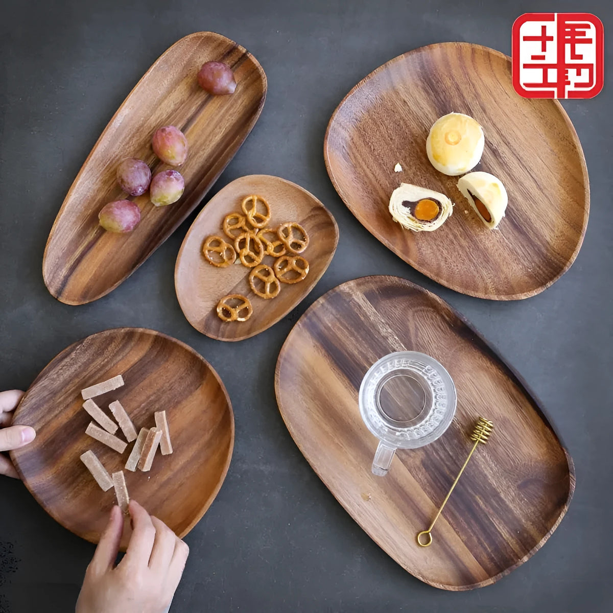 Natural acacia wood Japanese snack plate with hand-polished finish in non-standard rectangular size
