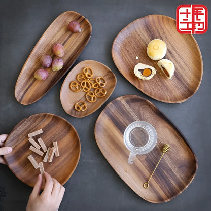 Natural acacia wood Japanese snack plate with hand-polished finish in non-standard rectangular size
