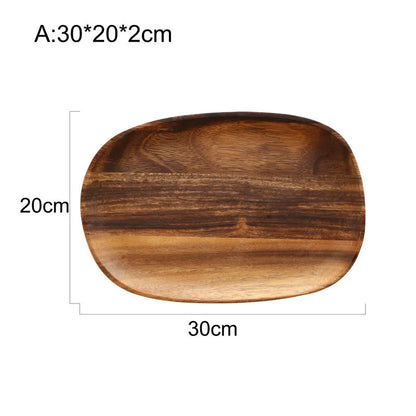 Natural acacia wood Japanese snack plate with hand-polished finish in non-standard rectangular size
