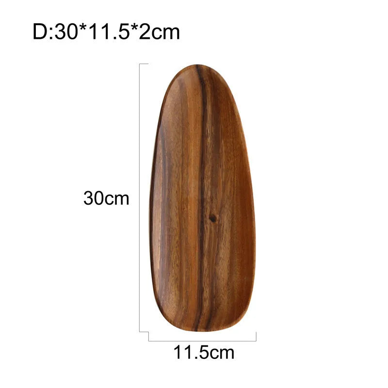 Natural acacia wood Japanese snack plate with hand-polished finish in non-standard rectangular size