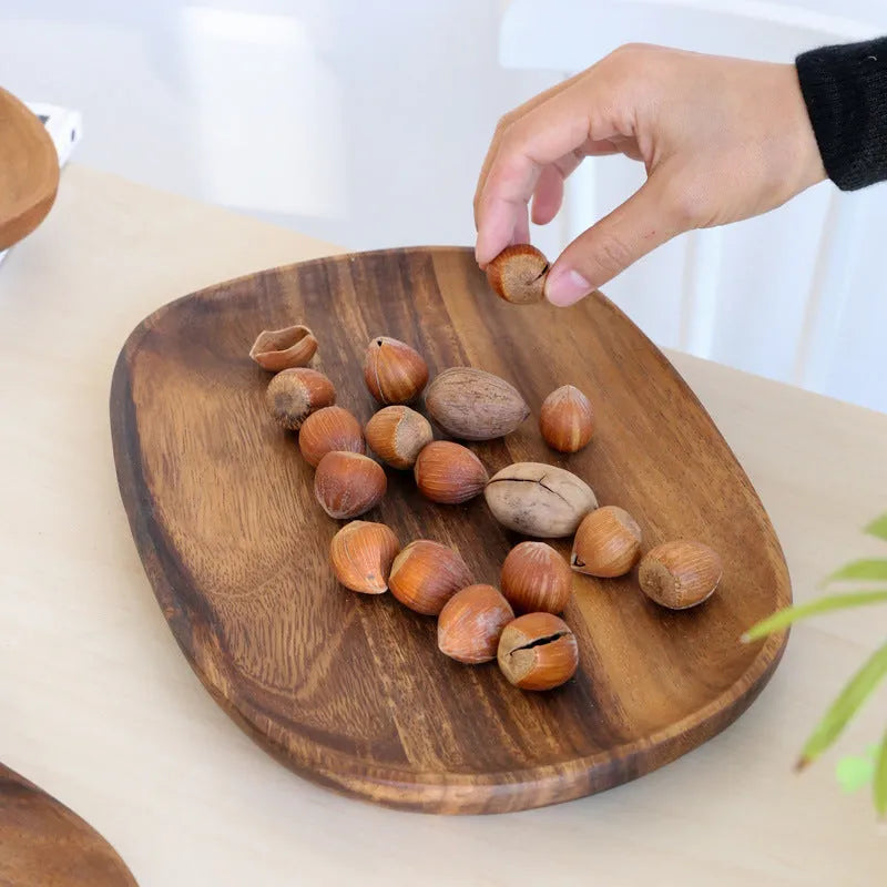 Natural acacia wood Japanese snack plate with hand-polished finish in non-standard rectangular size