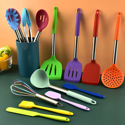 14-piece silicone kitchenware set featuring shovels and spoons with stainless steel handles, heat-resistant up to 220°C for cooking