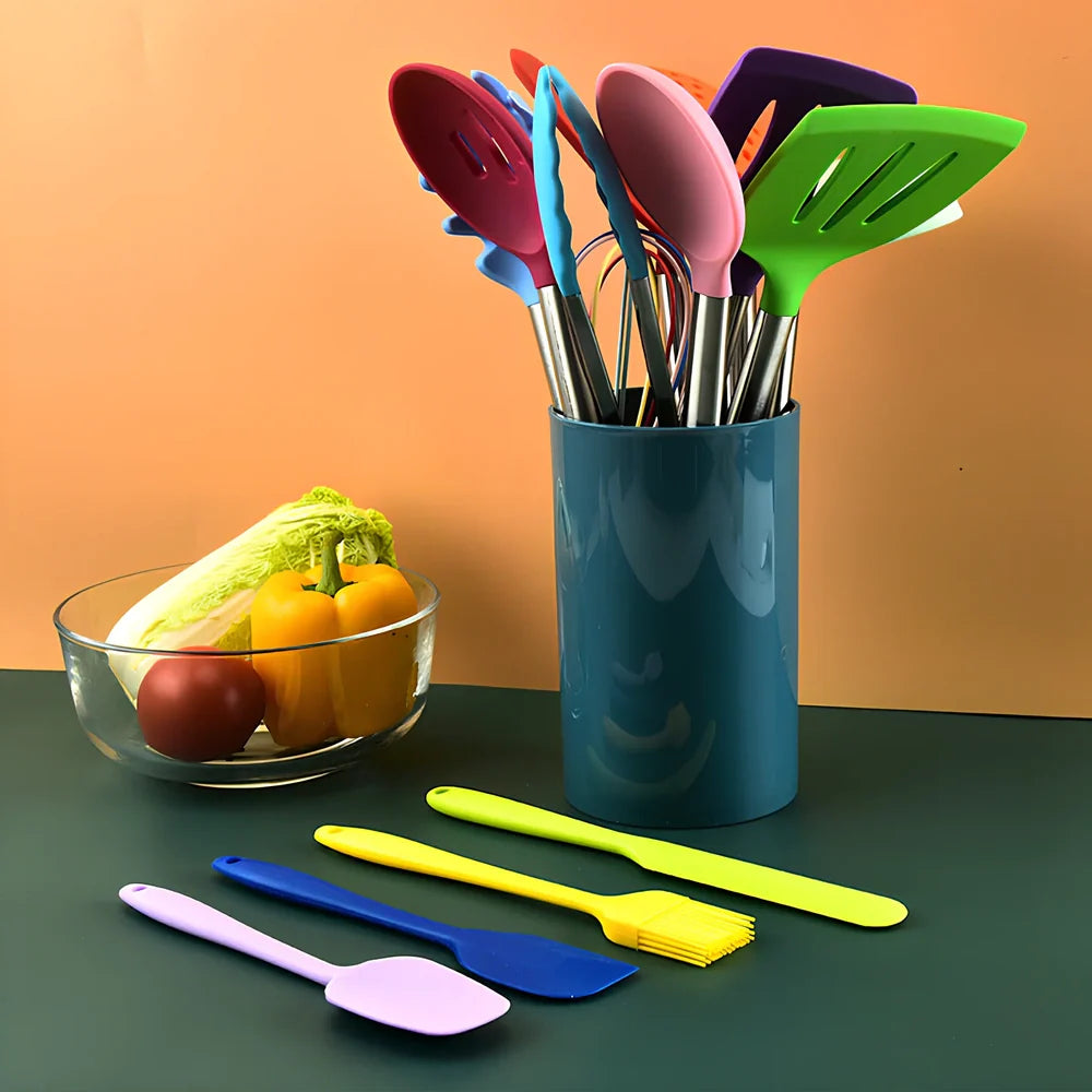 14-piece silicone kitchenware set featuring shovels and spoons with stainless steel handles, heat-resistant up to 220°C for cooking