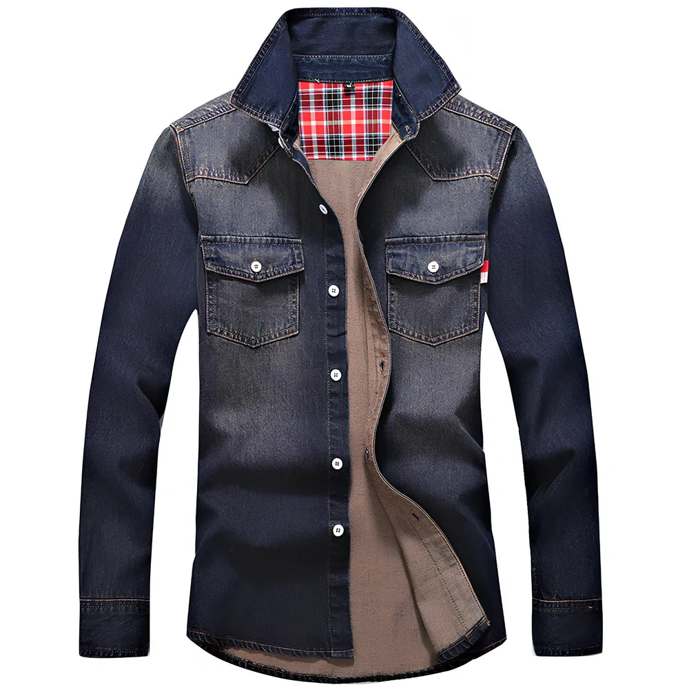 Men's blue denim shirt with lapel collar and long sleeves in Asian sizes M to 3XL