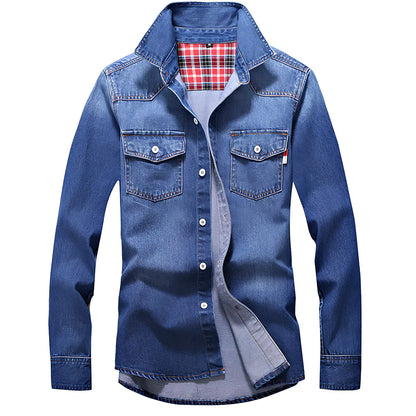 Men's blue denim shirt with lapel collar and long sleeves in Asian sizes M to 3XL