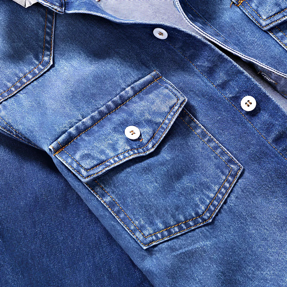 Men's blue denim shirt with lapel collar and long sleeves in Asian sizes M to 3XL