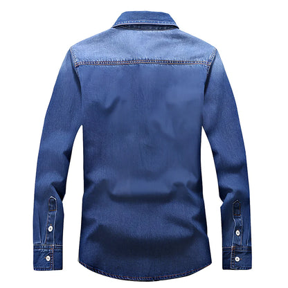 Men's blue denim shirt with lapel collar and long sleeves in Asian sizes M to 3XL