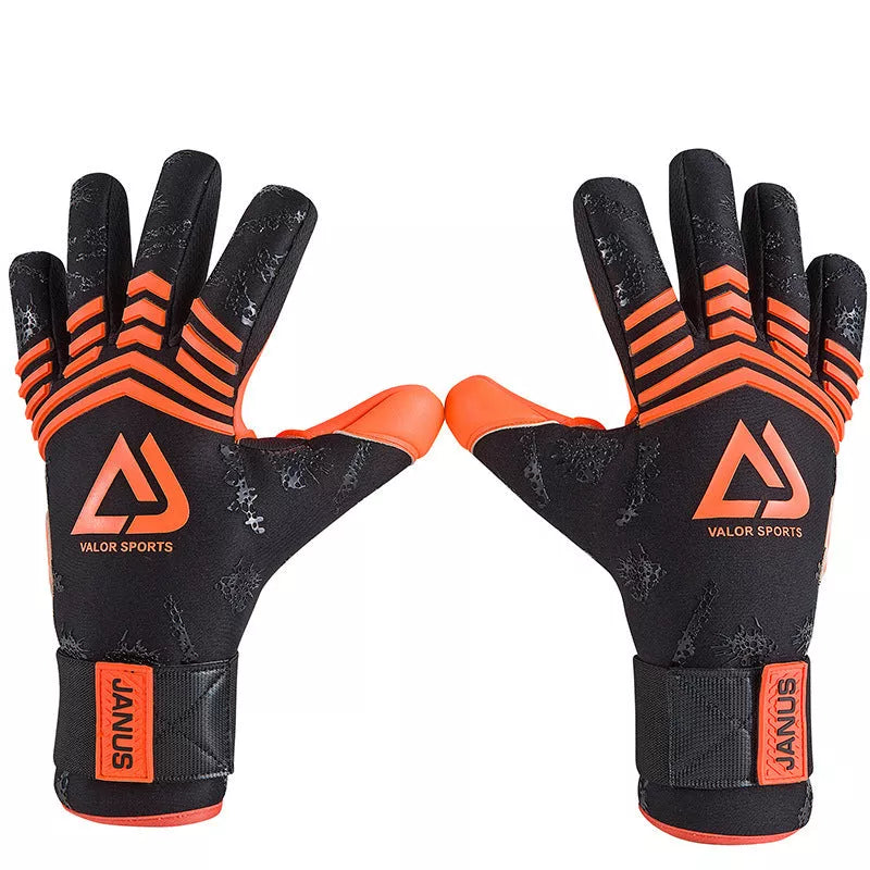 Swordsman Series Goalkeeper Gloves with orange and black design, CONTACT latex palm