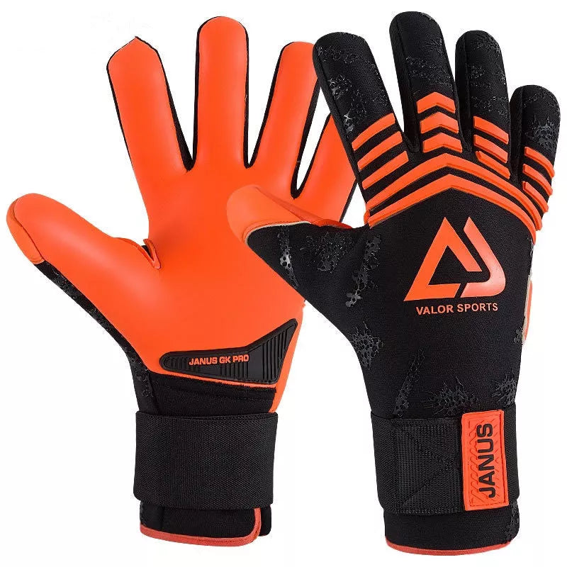 Swordsman Series Goalkeeper Gloves with orange and black design, CONTACT latex palm