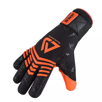Swordsman Series Goalkeeper Gloves with orange and black design, CONTACT latex palm