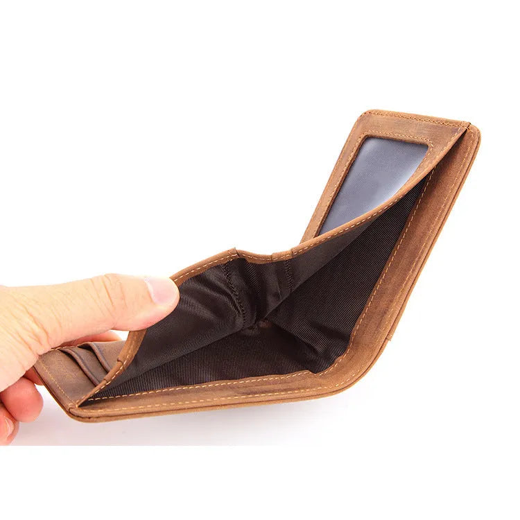Brown men's leather RFID blocking wallet showing card slots and slim 11cm x 7.5cm dimensions