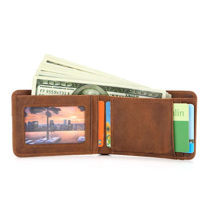 Brown men's leather RFID blocking wallet showing card slots and slim 11cm x 7.5cm dimensions