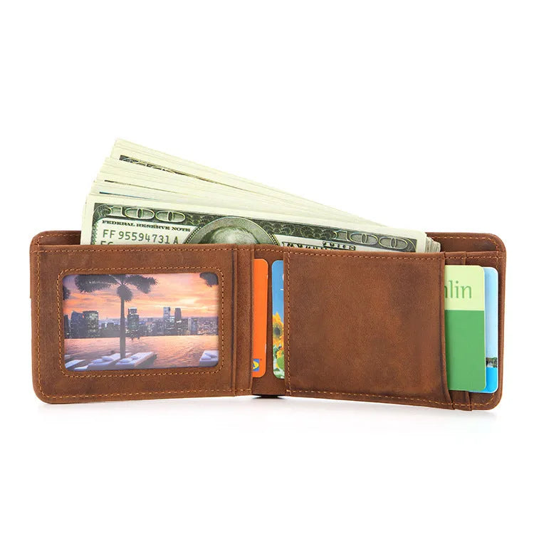 Men's leather wallet with RFID blocking card protection capacity mini style compact 11cm x 7.5cm x 1.2cm dimensions slim design European and American style head layer cowhide material available in brown light yellow earthy yellow colours