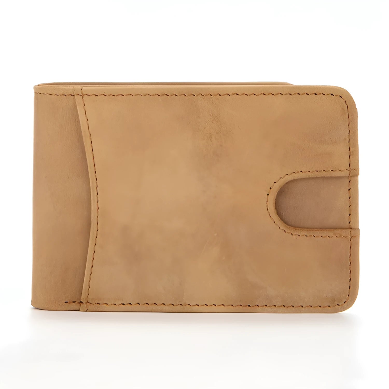 Brown men's leather RFID blocking wallet showing card slots and slim 11cm x 7.5cm dimensions