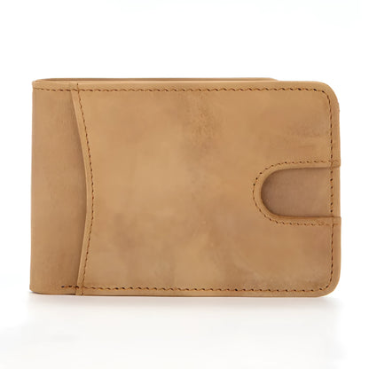 Brown men's leather RFID blocking wallet showing card slots and slim 11cm x 7.5cm dimensions
