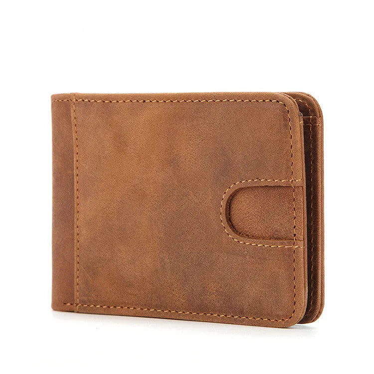 Brown men's leather RFID blocking wallet showing card slots and slim 11cm x 7.5cm dimensions