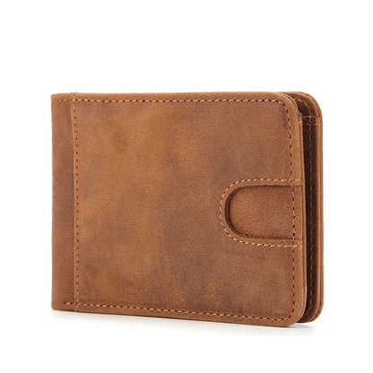 Brown men's leather RFID blocking wallet showing card slots and slim 11cm x 7.5cm dimensions