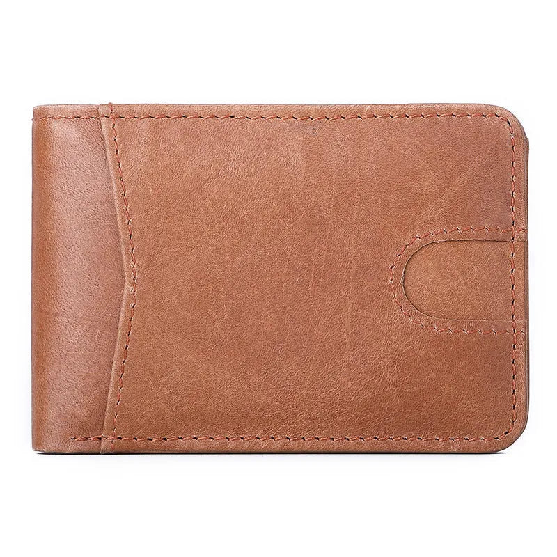 Brown men's leather RFID blocking wallet showing card slots and slim 11cm x 7.5cm dimensions