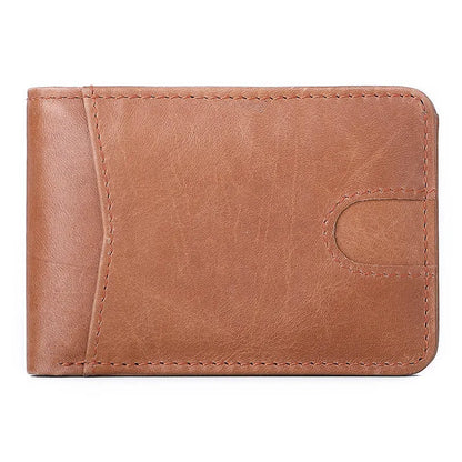 Brown men's leather RFID blocking wallet showing card slots and slim 11cm x 7.5cm dimensions